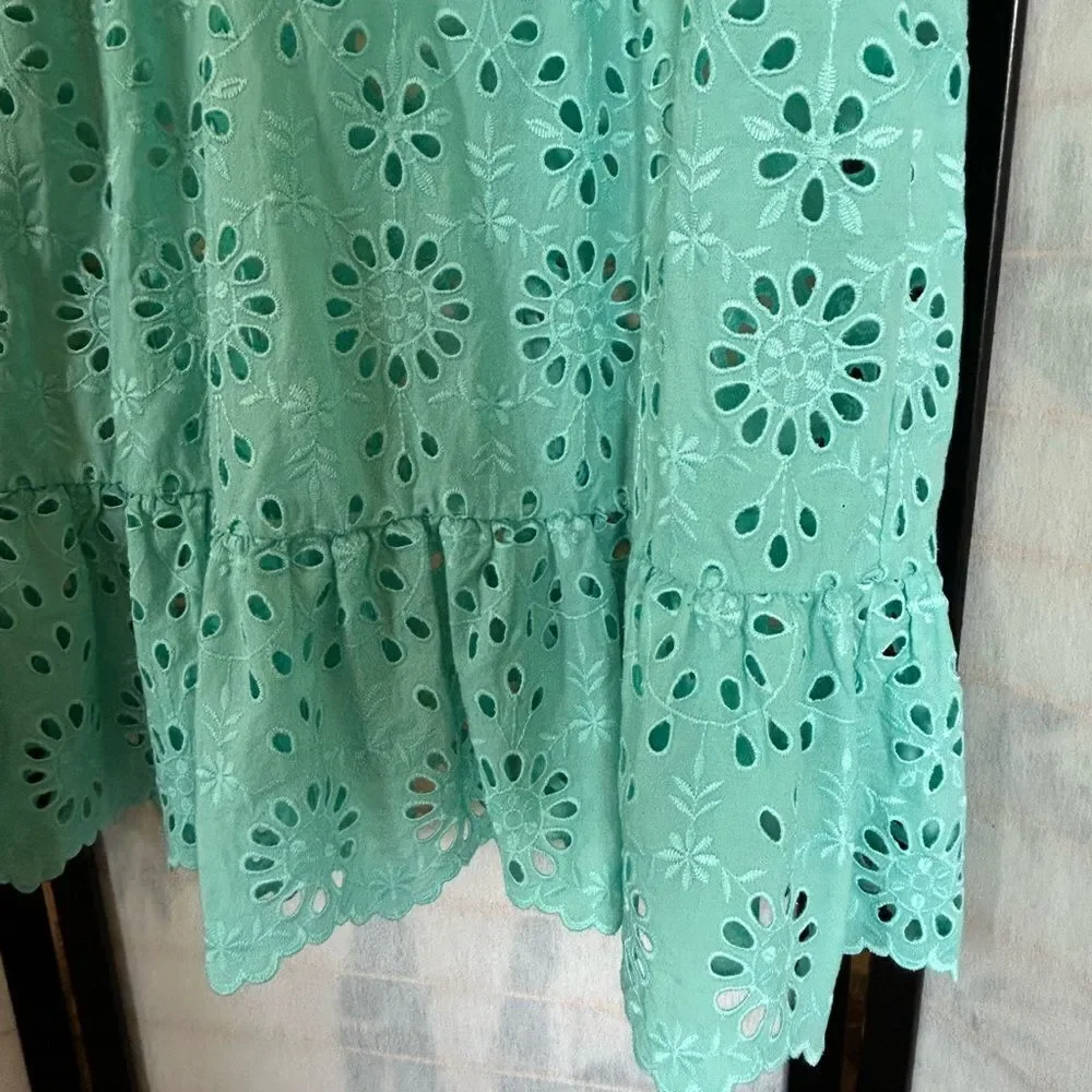 J.Crew Puff Sleeve Eyelet Aqua Blue Tired Dress 22